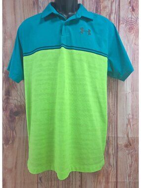 Under Armour Mens HeatGear Colorblock Polo Large Loose Fit Teal & Neon Green